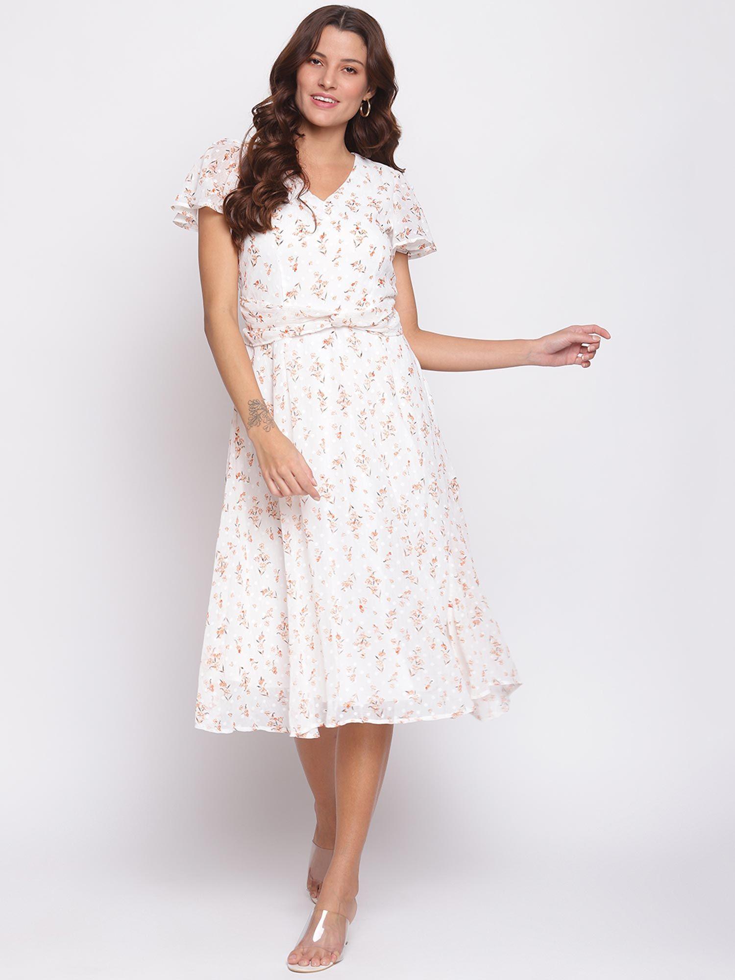 floral print flare sleeve casual fit & flare dress white