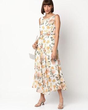 floral print flared dress with fabric belt