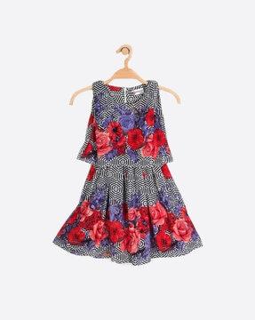 floral print flared dress with overlay