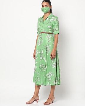 floral print flared dress with waist belt