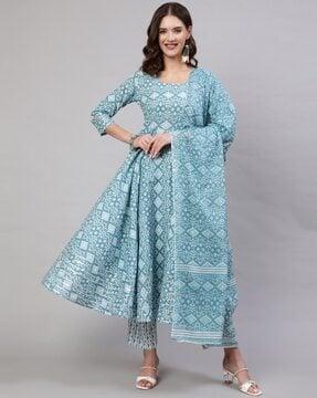 floral print flared kurta & pants with dupatta set