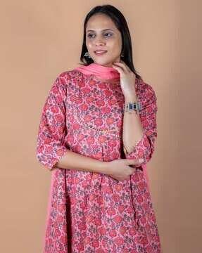 floral print flared kurta & pants with dupatta set