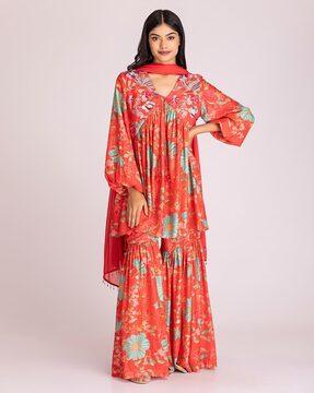 floral print flared kurta garara set with dupatta