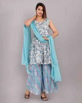 floral print flared kurta set with dupatta