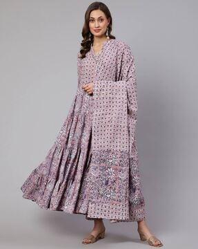 floral print flared kurta set with dupatta