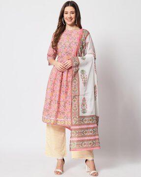 floral print flared kurta set with dupatta