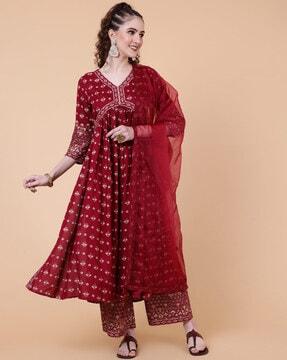 floral print flared kurta with palazzos & dupatta