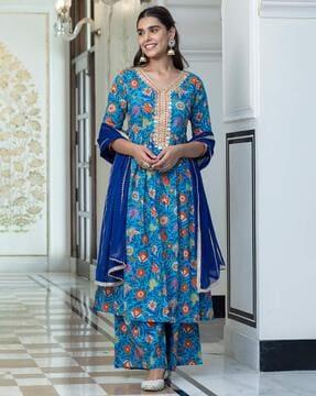 floral print flared kurta with palazzos & dupatta