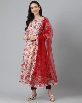 floral print flared kurta with pants & dupatta