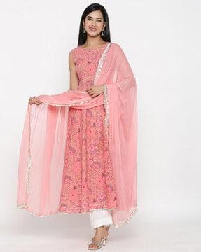 floral print flared kurta with pants & dupatta