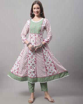 floral print flared kurta with pants & dupatta