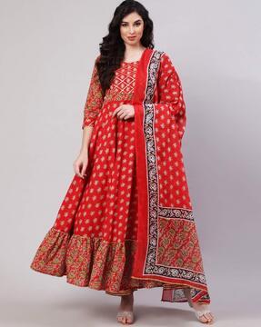 floral print flared kurta with pants & dupatta