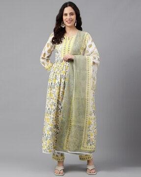 floral print flared kurta with pants & dupatta