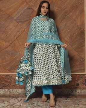 floral print flared kurta with pants & dupatta