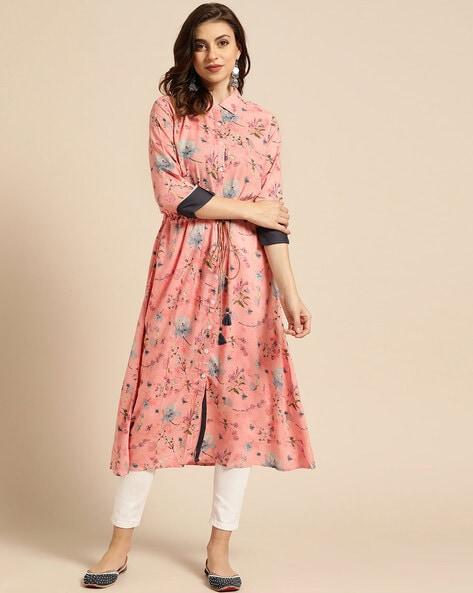 floral print flared kurta with roll-up tabs