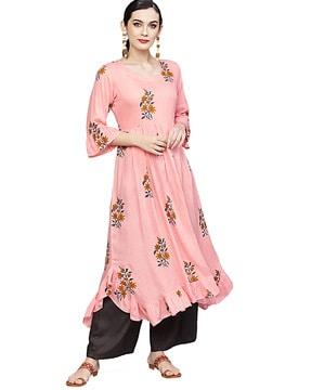 floral print flared kurta with ruffled hem