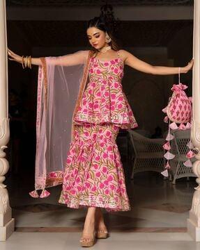 floral print flared kurta with sharara & dupatta