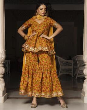 floral print flared kurta with sharara & dupatta