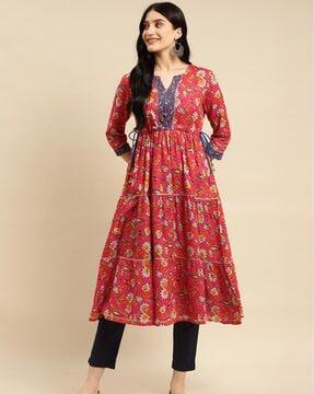 floral print flared kurta with side tie-ups