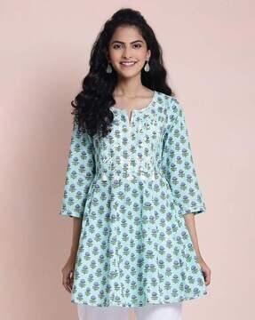 floral print flared kurta with tassels