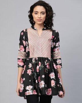 floral print flared kurti with contrast yoke