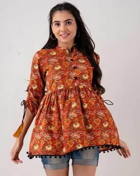 floral print flared kurti with tie-ups