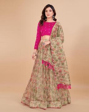 floral print flared lehenga & choli set with dupatta