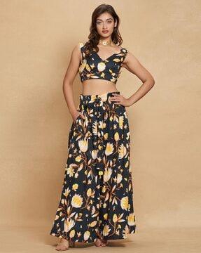 floral print flared pants with insert pockets