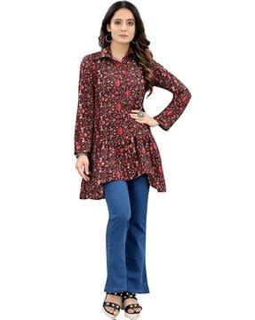 floral print flared tunic with collar-neck