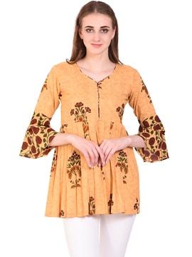floral print flared tunic with tiered bell sleeves