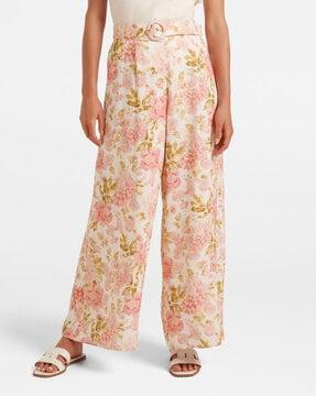 floral print flat-front trousers with belt