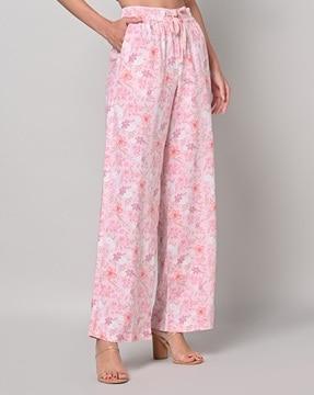 floral print flat-front trousers with drawstring waist