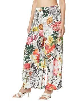 floral print flat-front trousers with elasticated waistband