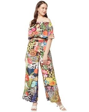 floral print flat-front trousers with elasticated waistband