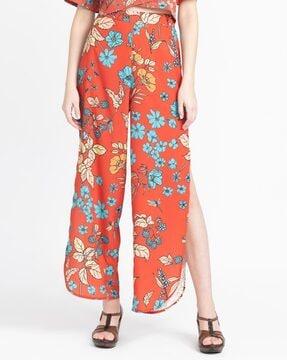 floral print flat-front trousers