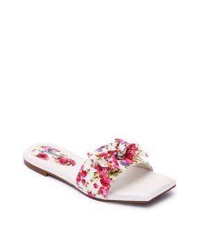 floral print flat sandals with bow