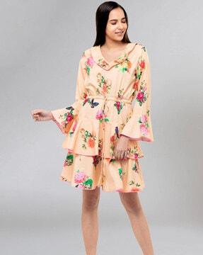 floral print frill dress with waist tie-up