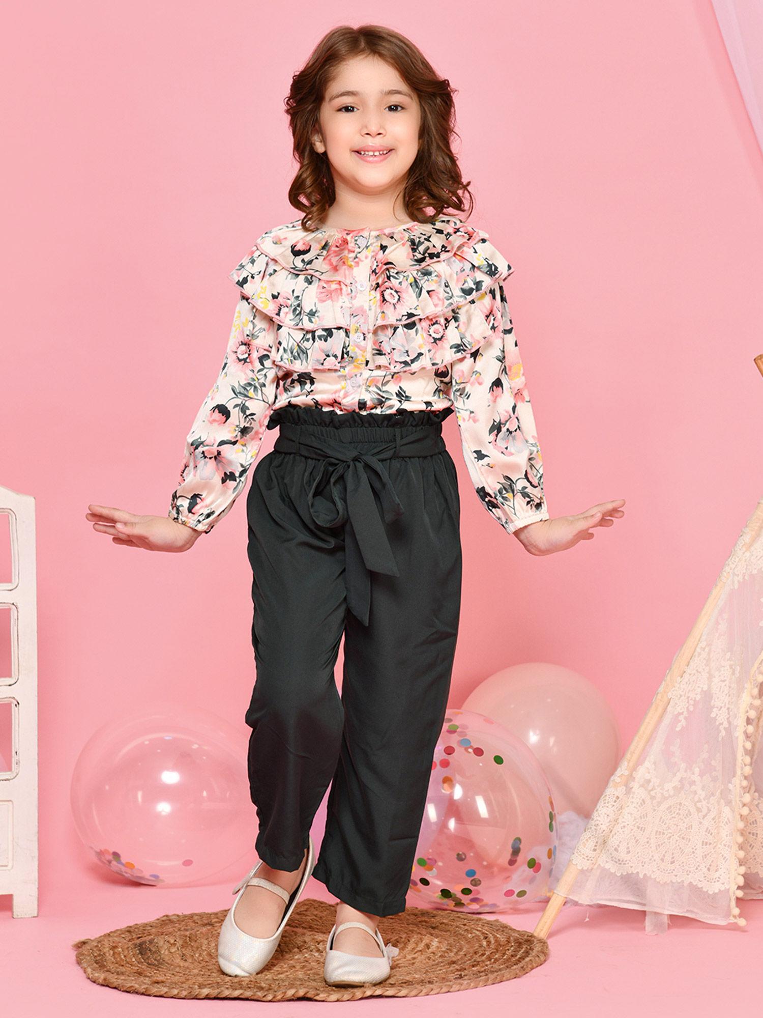 floral print frilled top with green trouser set (pack of 2)