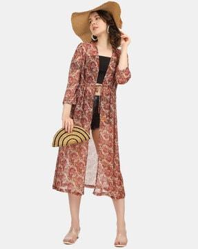 floral print front-open shrug with tie-up