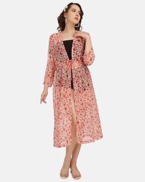 floral print front-open shrug with tie-up