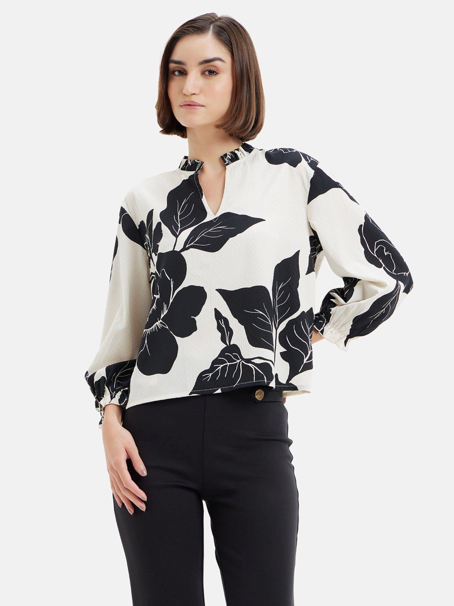 floral print full sleeves top with ruffled neck