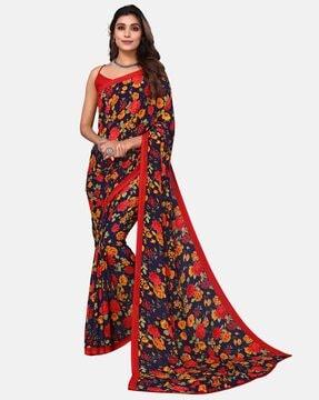 floral print georgette saree with contrast border