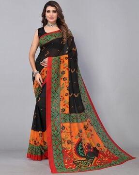 floral print georgette saree with contrast border