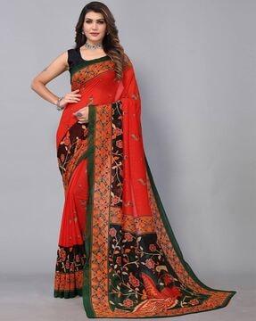 floral print georgette saree with contrast border