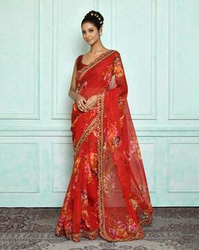 floral print georgette saree with embroidered border