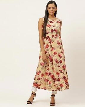 floral print gown dress with round neck