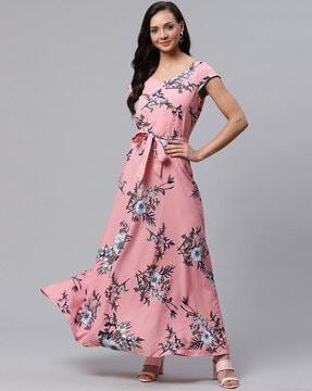 floral print gown with waist tie-up