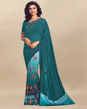 floral print half & half saree with contrast border