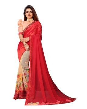 floral print half & half saree with contrast border