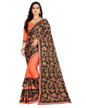 floral print half & half saree with ruffled detail